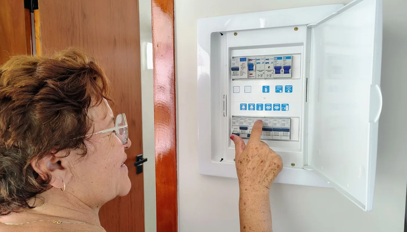 A person adjusting the breakers in a home electrical panel