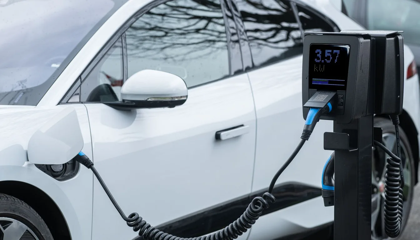 A white electric car connected to a charging cable