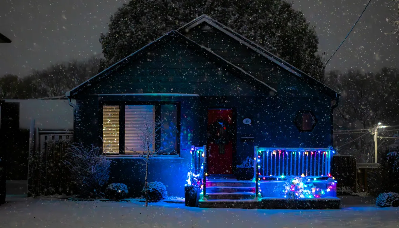 A house outlined in Christmas lights on a winter evening