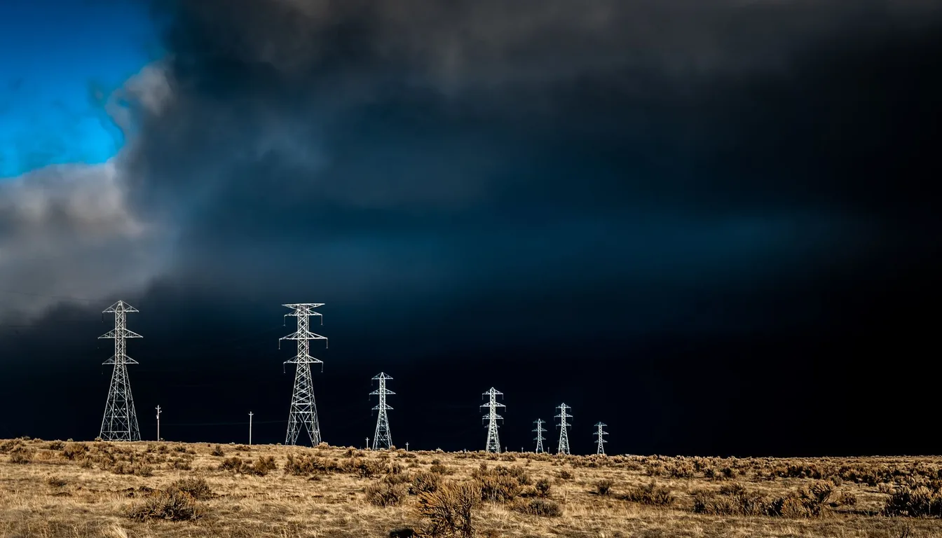 Overhead power lines against a heavy grey sky