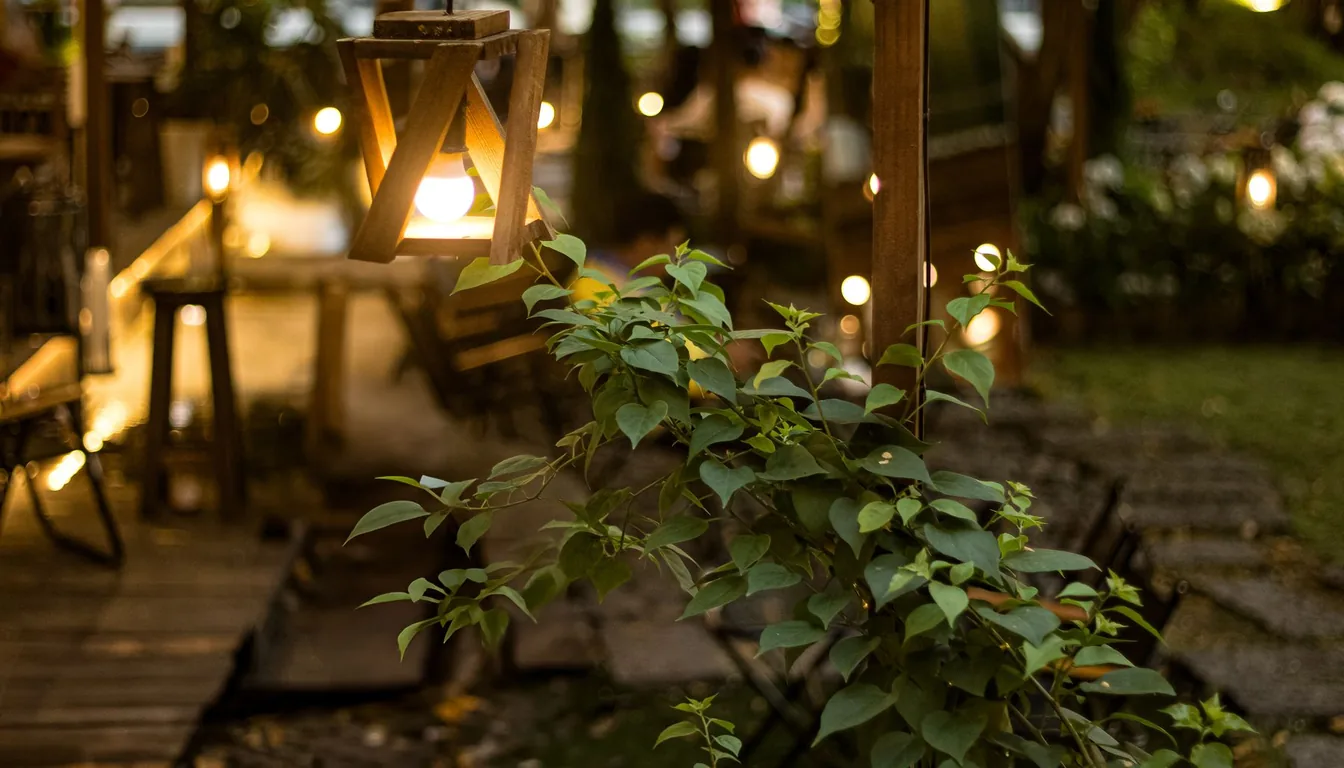 Warm garden lighting picking out planting after dark