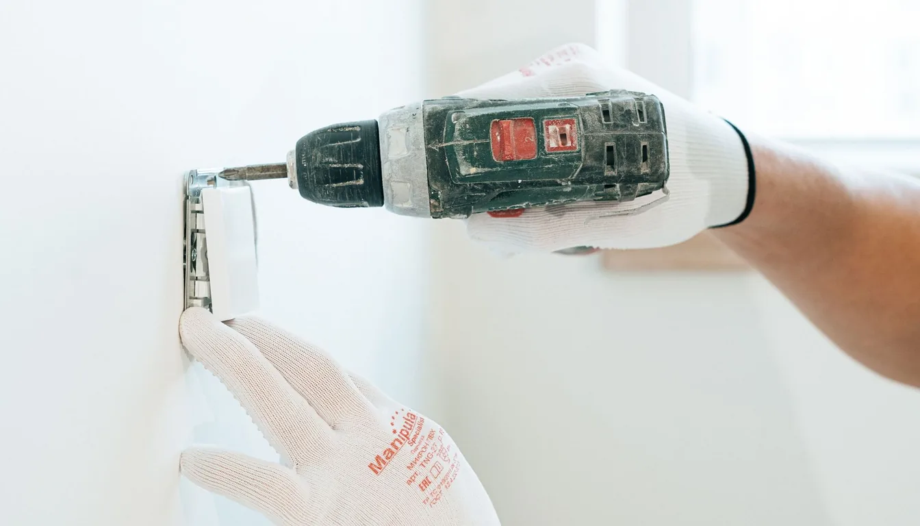 An electrician fitting a new receptacle box into a wall