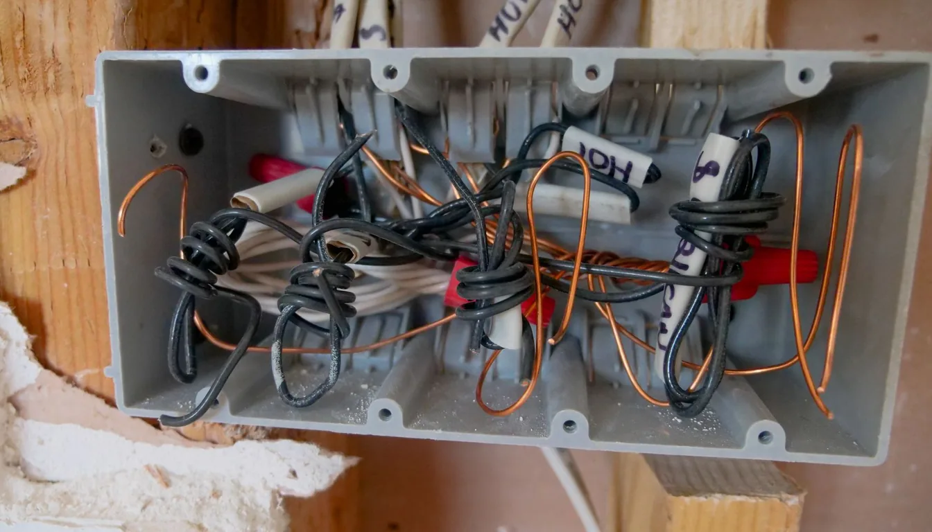 An opened junction box packed with old wiring