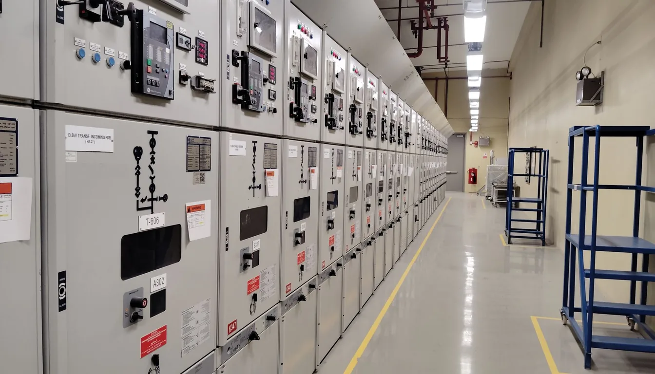A row of switchgear cabinets in an industrial electrical room