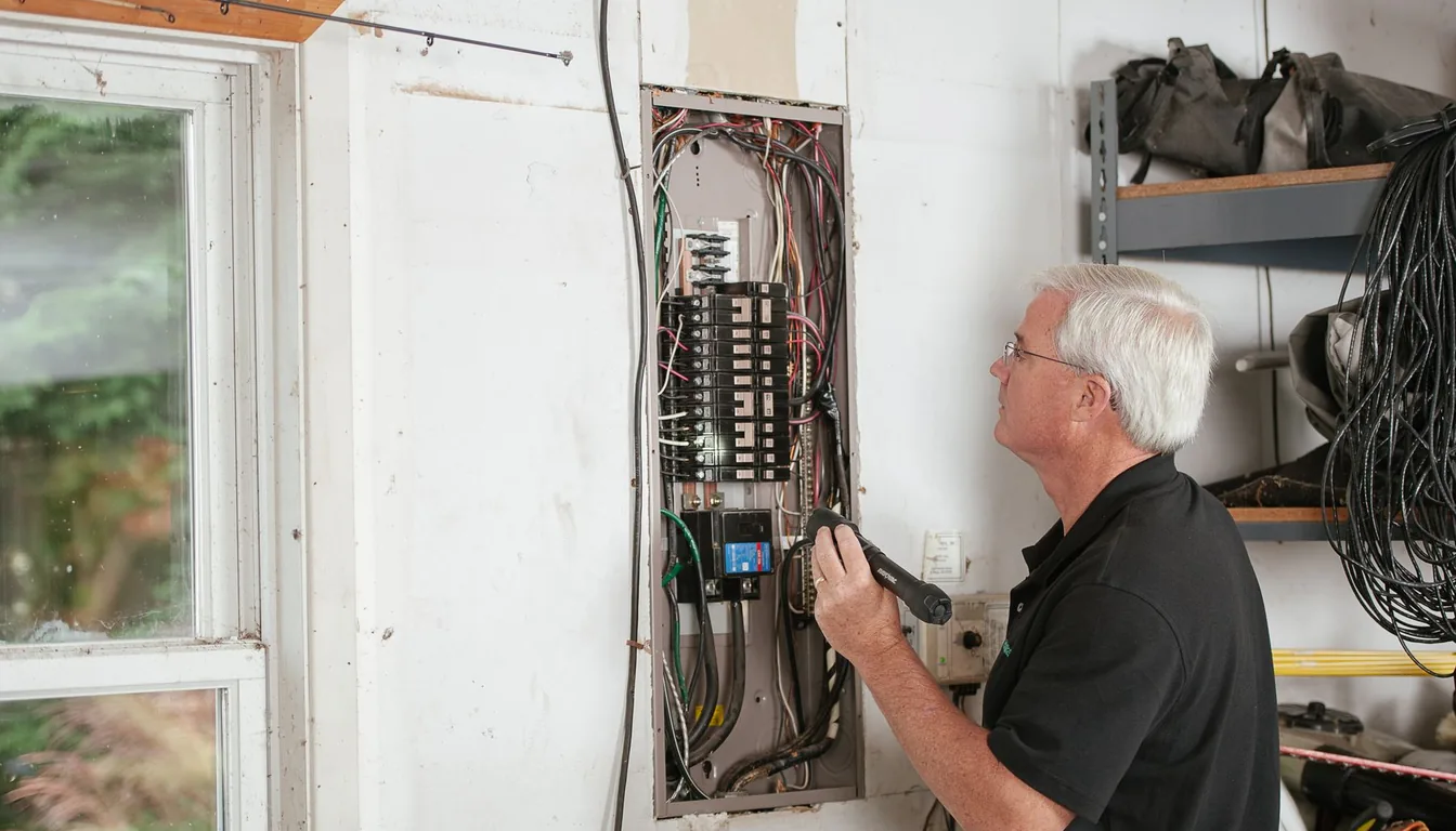 An electrician checking a residential breaker panel
